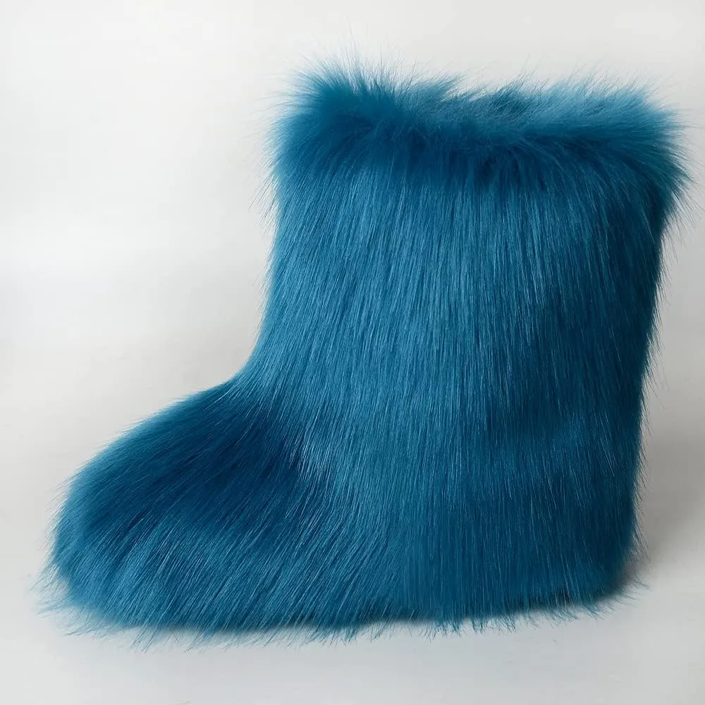 Faux Fur Boots for Women Fuzzy Fluffy Furry Round Toe Suede Winter Comfy Plush Warm Short Snow Bootie Flat Shoes Mid-Calf Boots Outdoor Indoor
