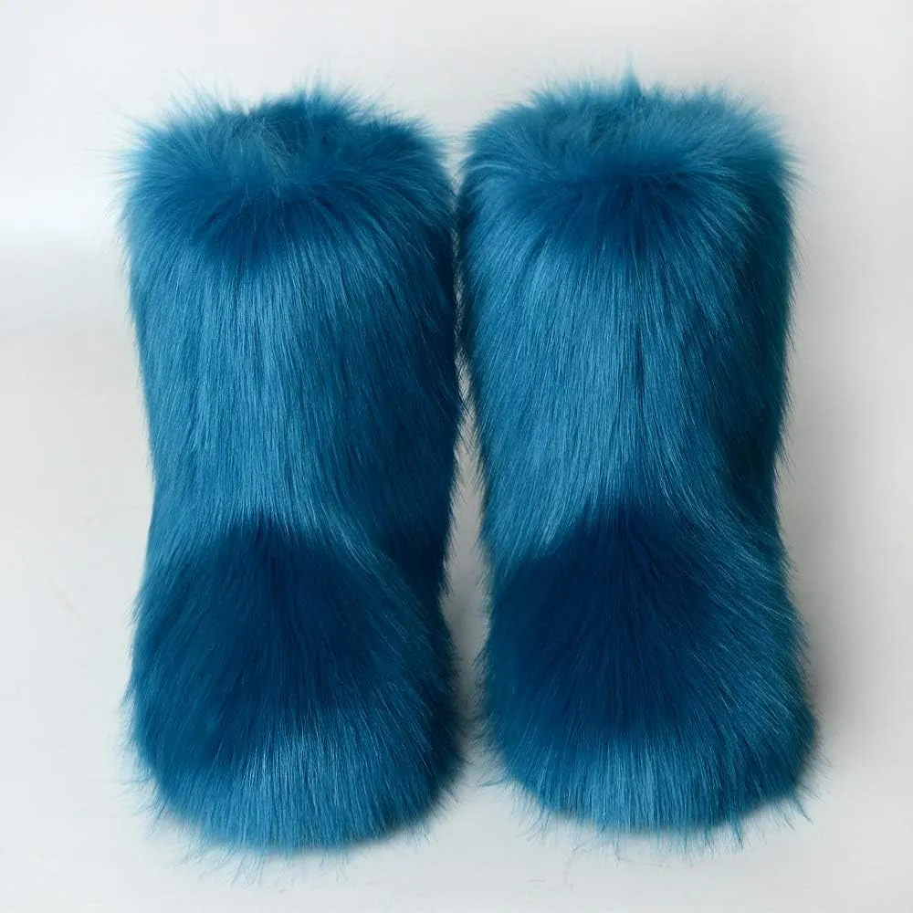 Faux Fur Boots for Women Fuzzy Fluffy Furry Round Toe Suede Winter Comfy Plush Warm Short Snow Bootie Flat Shoes Mid-Calf Boots Outdoor Indoor