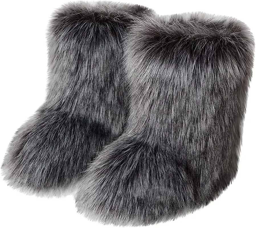 Faux Fur Boots for Women Fuzzy Fluffy Furry Round Toe Suede Winter Comfy Plush Warm Short Snow Bootie Flat Shoes Mid-Calf Boots Outdoor Indoor