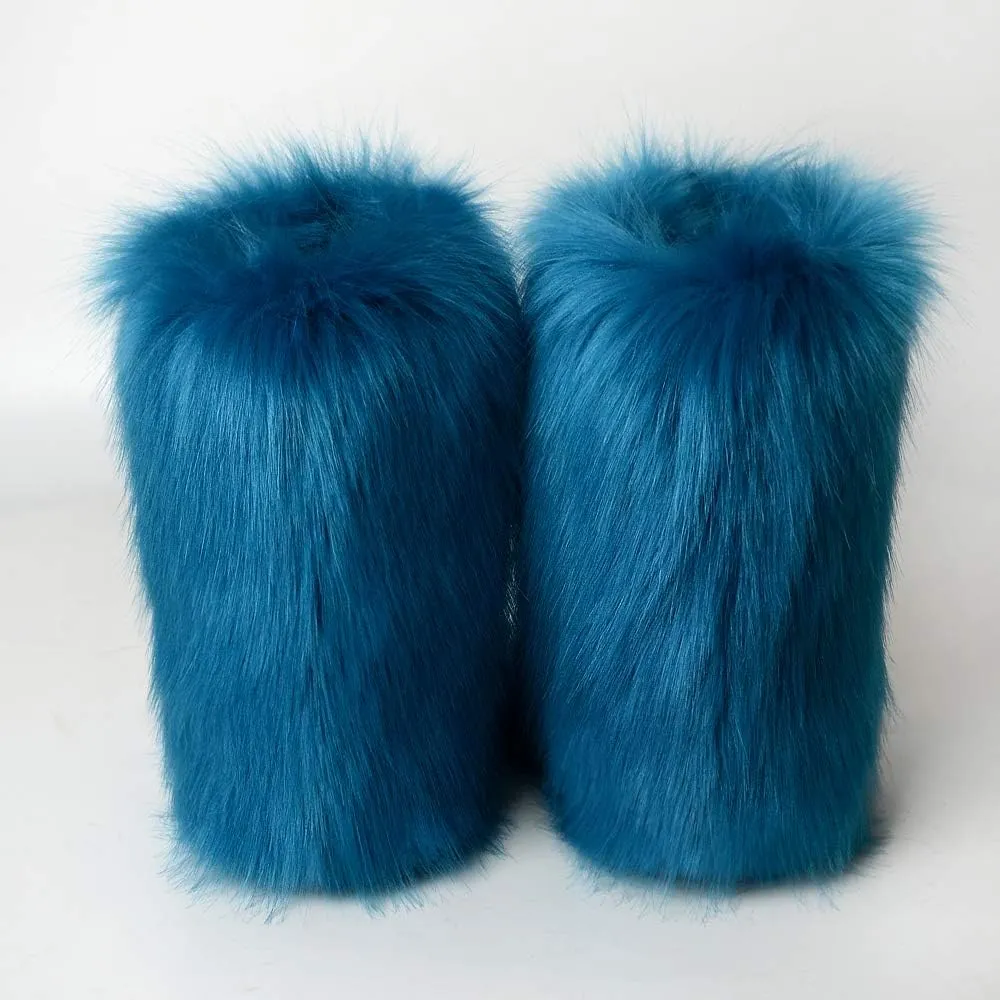 Faux Fur Boots for Women Fuzzy Fluffy Furry Round Toe Suede Winter Comfy Plush Warm Short Snow Bootie Flat Shoes Mid-Calf Boots Outdoor Indoor