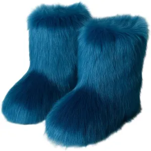 Faux Fur Boots for Women Fuzzy Fluffy Furry Round Toe Suede Winter Comfy Plush Warm Short Snow Bootie Flat Shoes Mid-Calf Boots Outdoor Indoor