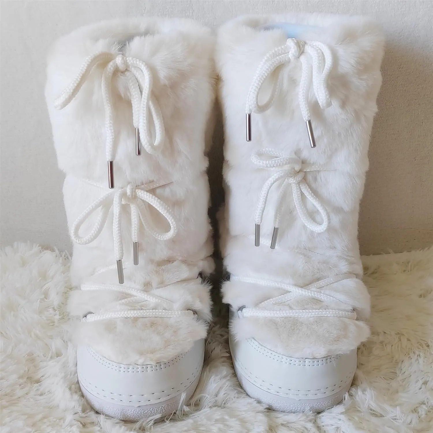 Faux Fur Boots for Women - Fuzzy Fluffy Furry Water Resistant Snow Boots for Women - Anti-Slip with Cotton Sponge Lined and TPR Rubber Sole Black White Fur Boots