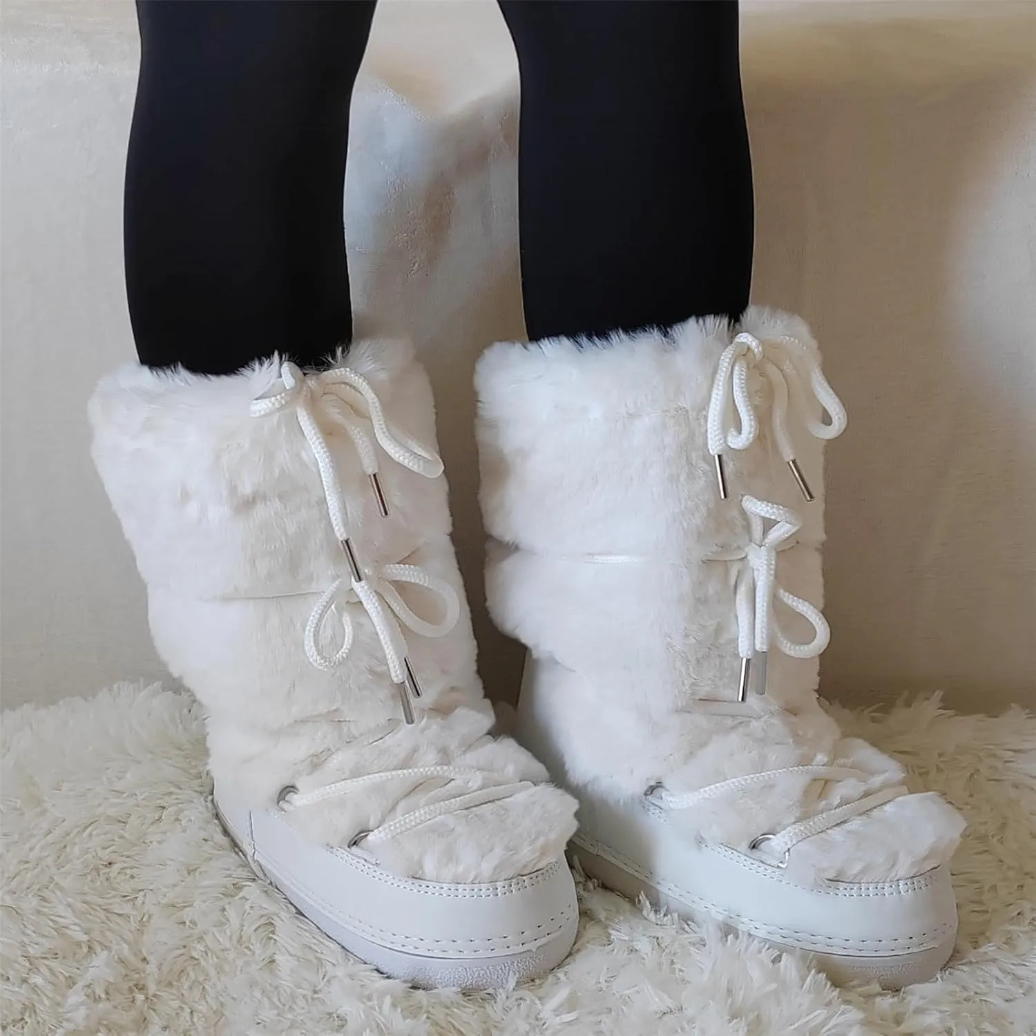 Faux Fur Boots for Women - Fuzzy Fluffy Furry Water Resistant Snow Boots for Women - Anti-Slip with Cotton Sponge Lined and TPR Rubber Sole Black White Fur Boots