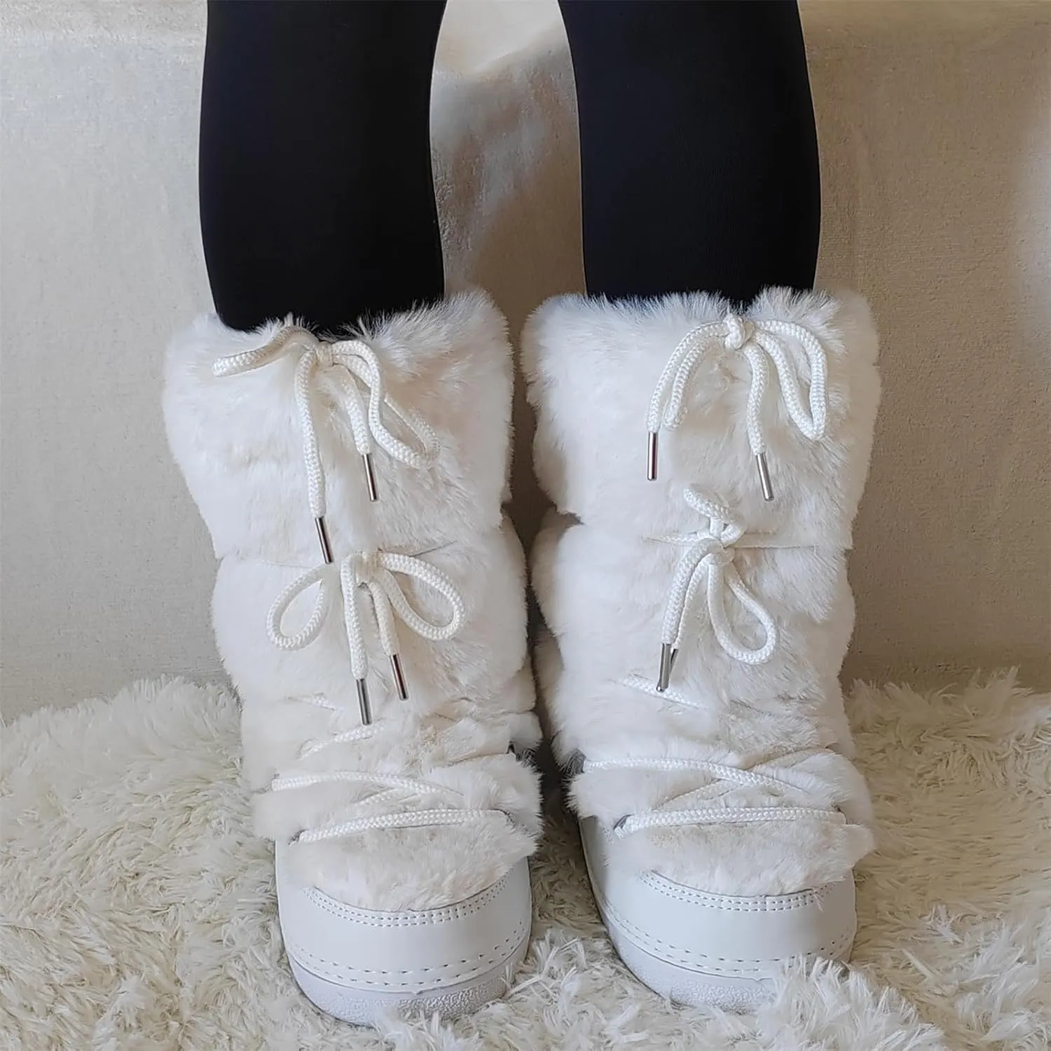Faux Fur Boots for Women - Fuzzy Fluffy Furry Water Resistant Snow Boots for Women - Anti-Slip with Cotton Sponge Lined and TPR Rubber Sole Black White Fur Boots