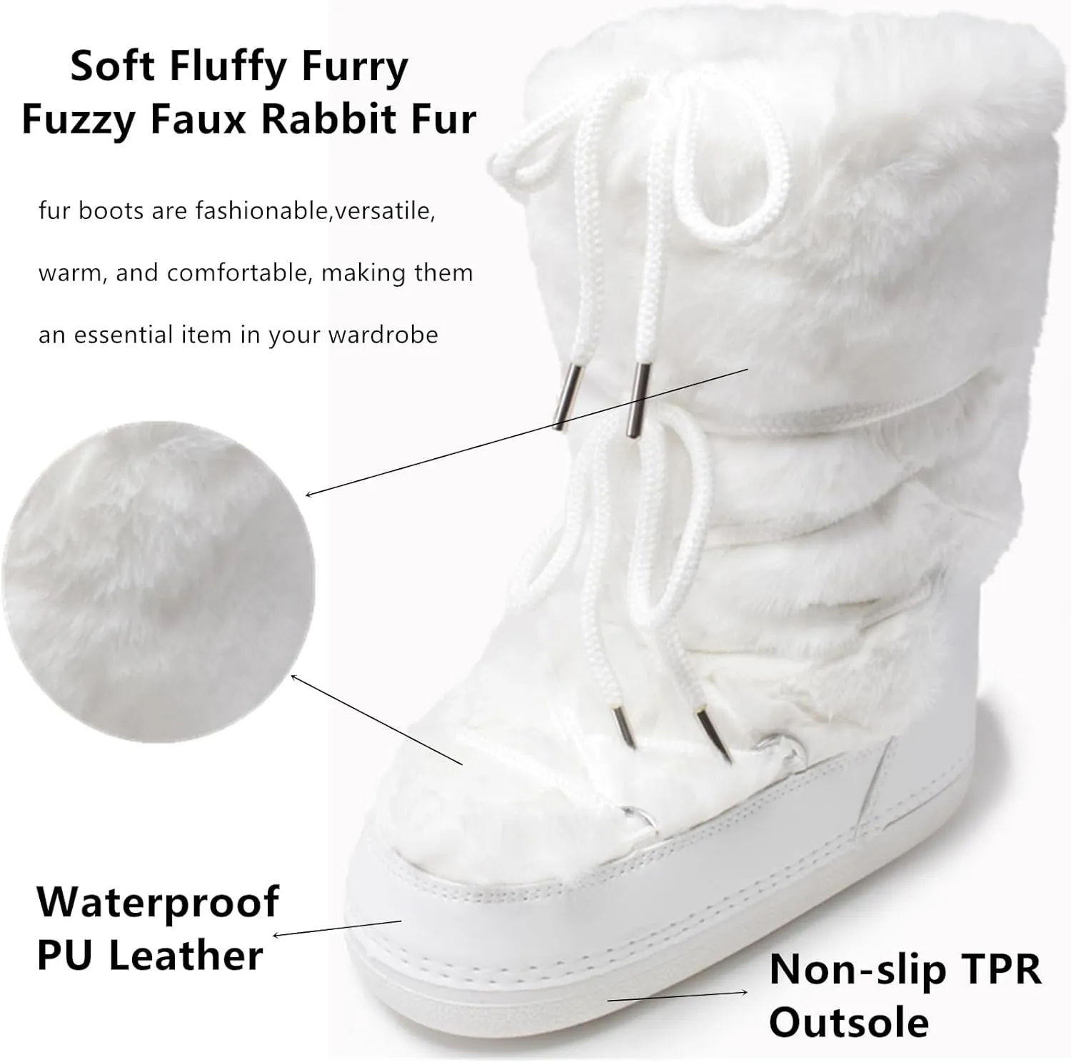 Faux Fur Boots for Women - Fuzzy Fluffy Furry Water Resistant Snow Boots for Women - Anti-Slip with Cotton Sponge Lined and TPR Rubber Sole Black White Fur Boots