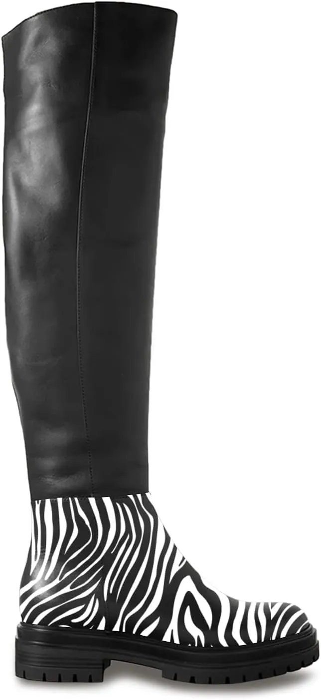 FOWT Zebra Pattern Over Knee High Boots for Women Stretch Wide Calf Long Booties Low Chunky Heel Light Platform Round Toe Flat Booties Plus Size for Ladies Work Daily and Commuting,Size 4-16 US