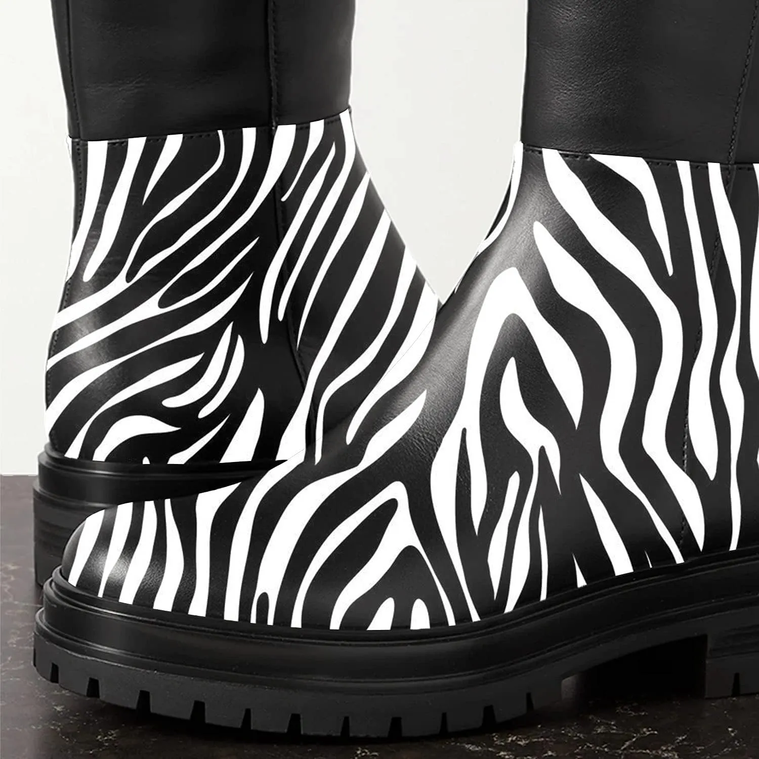 FOWT Zebra Pattern Over Knee High Boots for Women Stretch Wide Calf Long Booties Low Chunky Heel Light Platform Round Toe Flat Booties Plus Size for Ladies Work Daily and Commuting,Size 4-16 US