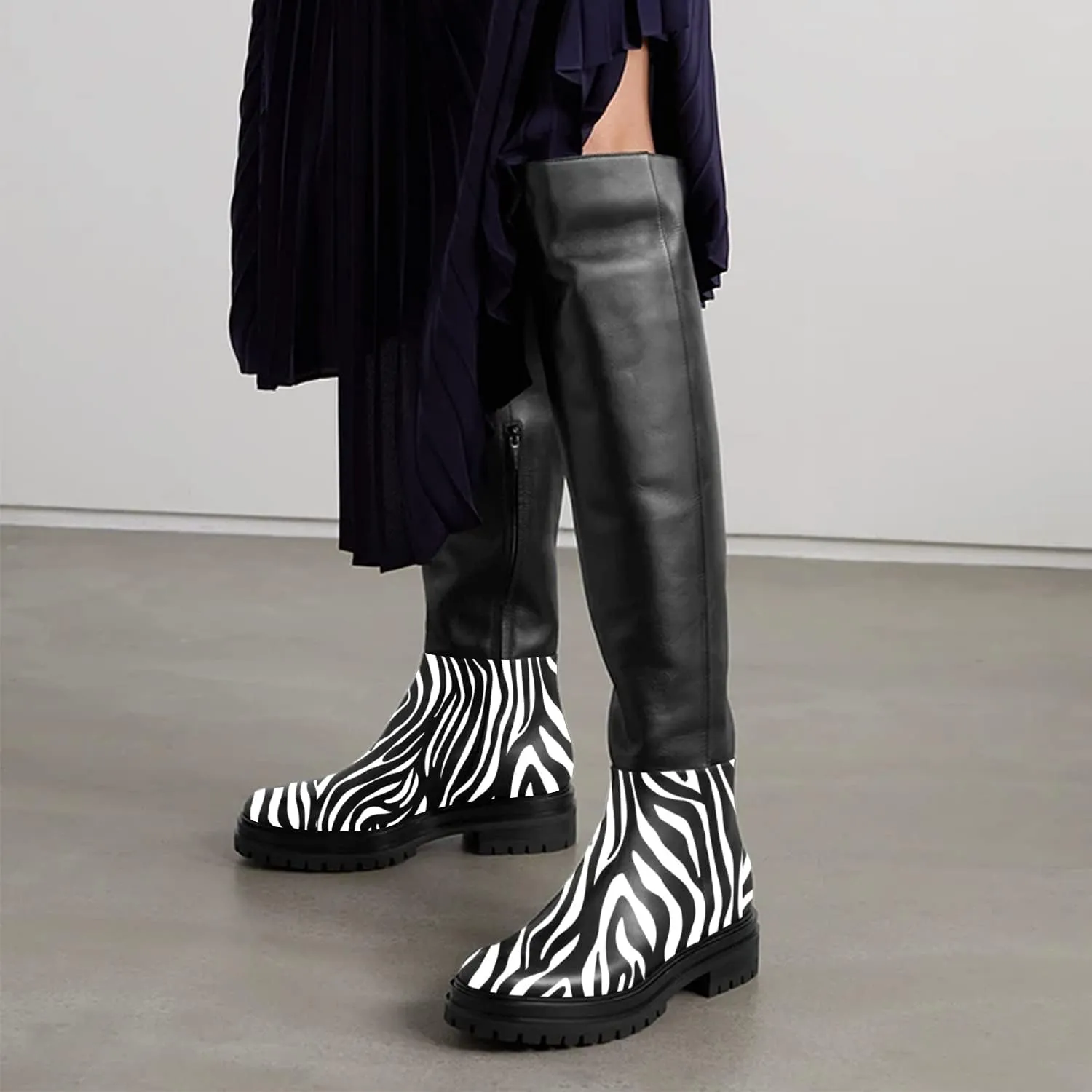 FOWT Zebra Pattern Over Knee High Boots for Women Stretch Wide Calf Long Booties Low Chunky Heel Light Platform Round Toe Flat Booties Plus Size for Ladies Work Daily and Commuting,Size 4-16 US