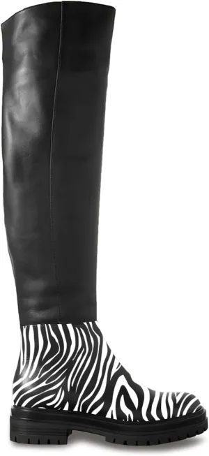 FOWT Zebra Pattern Over Knee High Boots for Women Stretch Wide Calf Long Booties Low Chunky Heel Light Platform Round Toe Flat Booties Plus Size for Ladies Work Daily and Commuting,Size 4-16 US