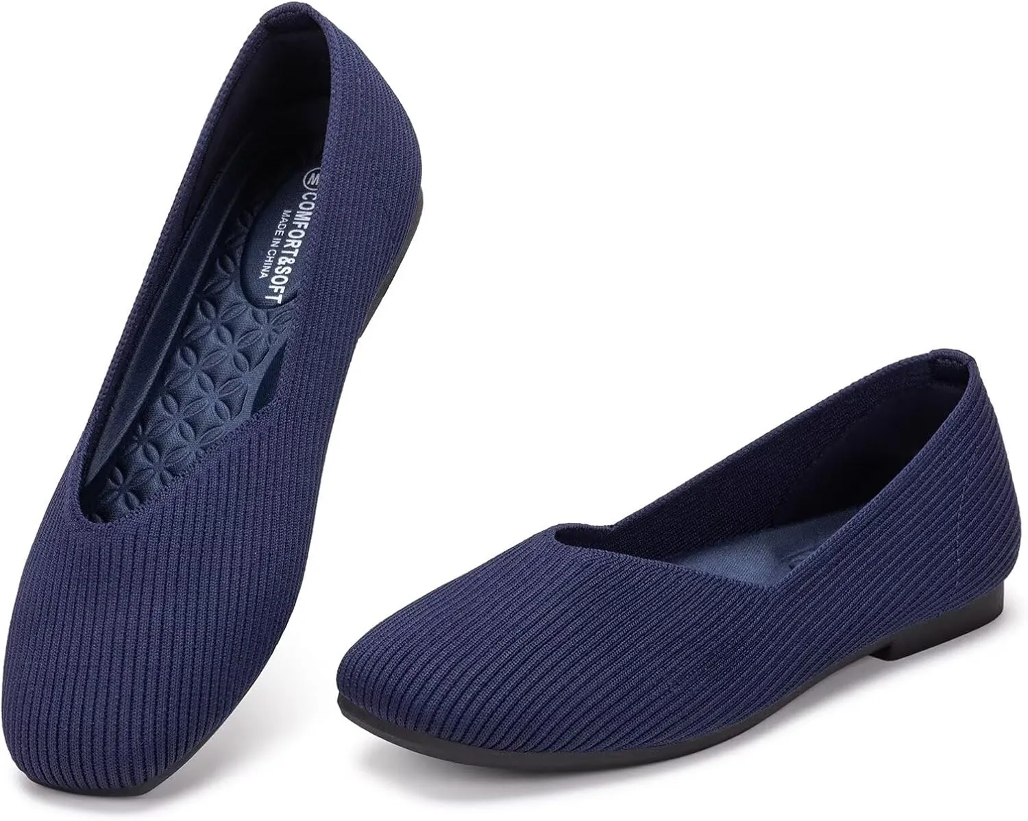 Frank Mully Womens Wide Flat Shoes Square Toe Shoes Knitted Work Flats Comfortable Women Shoes Comfortable Women Shoes