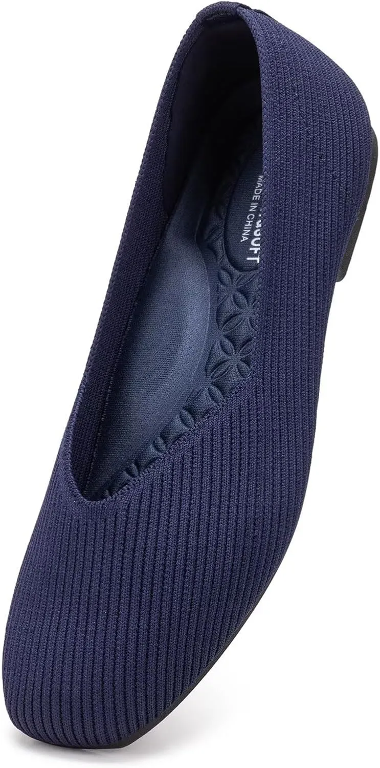 Frank Mully Womens Wide Flat Shoes Square Toe Shoes Knitted Work Flats Comfortable Women Shoes Comfortable Women Shoes