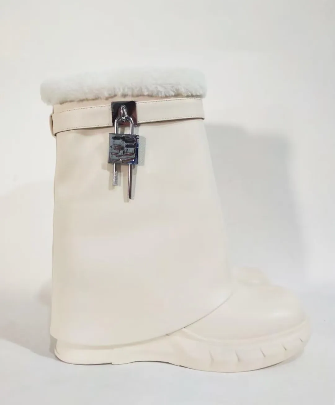 Frankie Hsu Ladies Girl Wedge High Heeled Shark Bootie, Beige Metallic Lock Key Designer Furry Fur Style, Big Large Size US5-14 Unisex Short Pant Snow Boots For Women Men