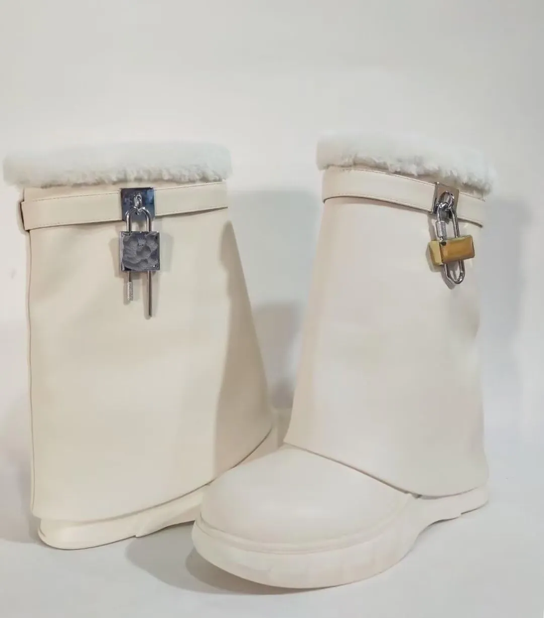 Frankie Hsu Ladies Girl Wedge High Heeled Shark Bootie, Beige Metallic Lock Key Designer Furry Fur Style, Big Large Size US5-14 Unisex Short Pant Snow Boots For Women Men