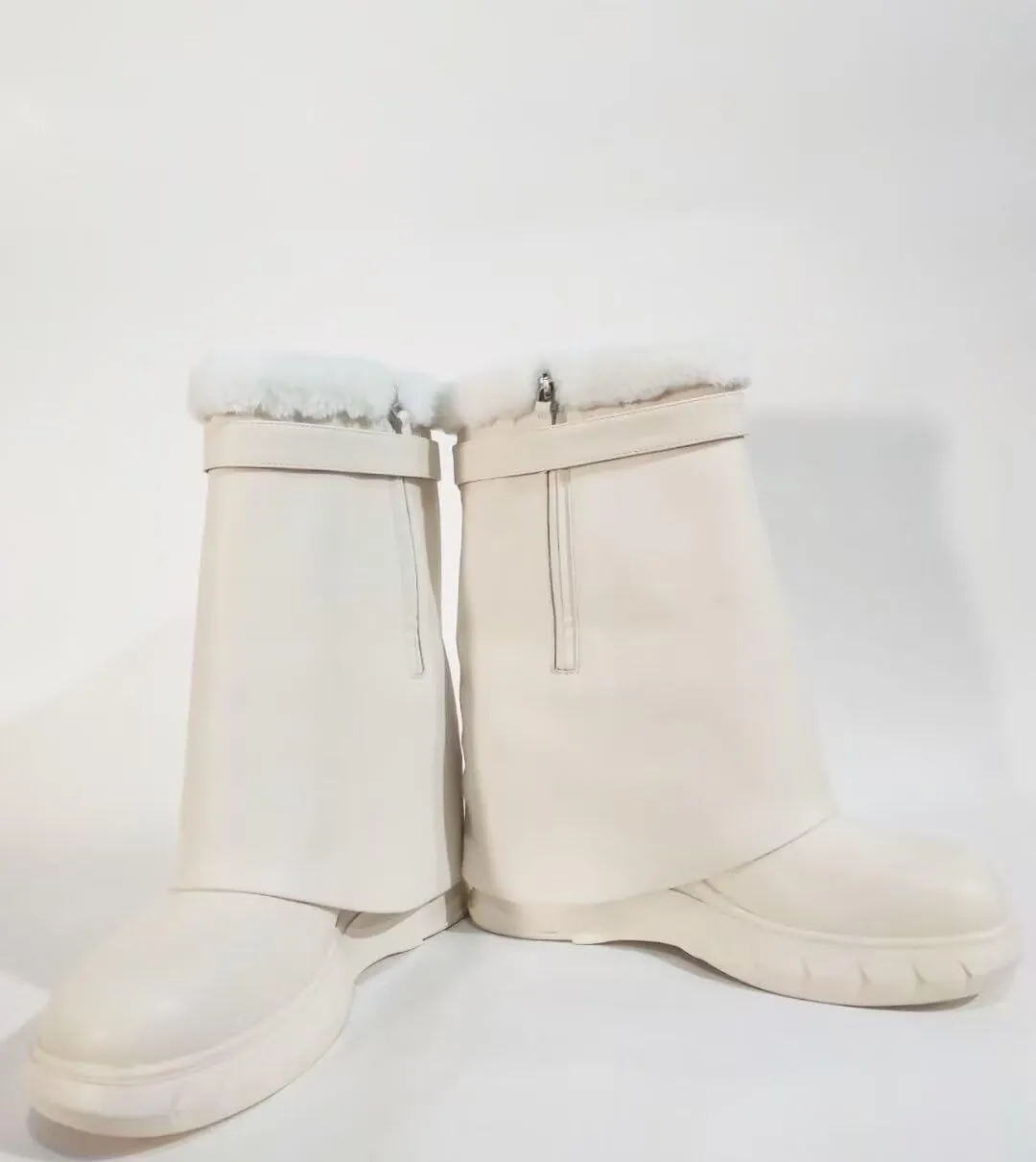 Frankie Hsu Ladies Girl Wedge High Heeled Shark Bootie, Beige Metallic Lock Key Designer Furry Fur Style, Big Large Size US5-14 Unisex Short Pant Snow Boots For Women Men