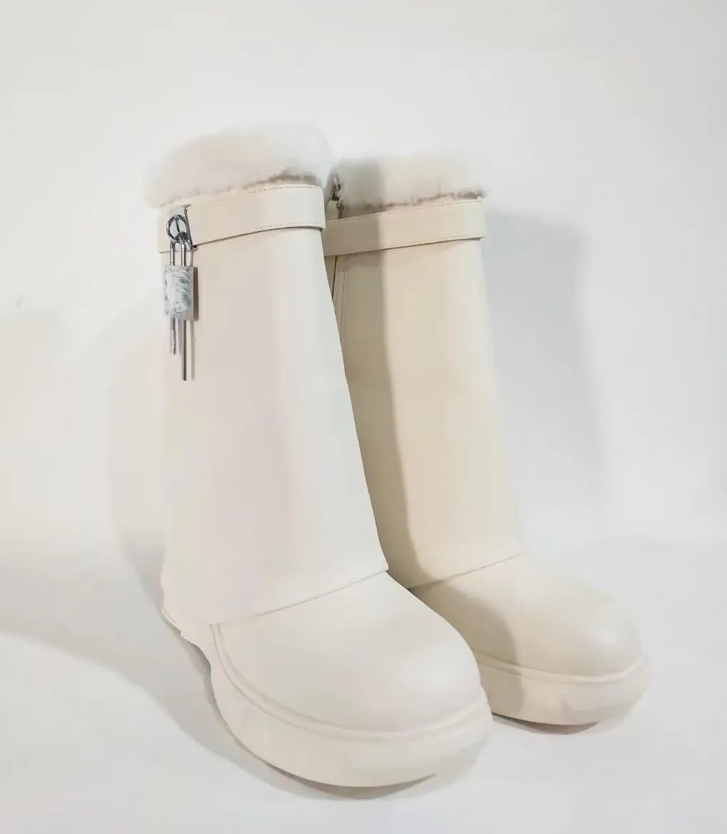 Frankie Hsu Ladies Girl Wedge High Heeled Shark Bootie, Beige Metallic Lock Key Designer Furry Fur Style, Big Large Size US5-14 Unisex Short Pant Snow Boots For Women Men