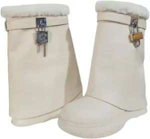 Frankie Hsu Ladies Girl Wedge High Heeled Shark Bootie, Beige Metallic Lock Key Designer Furry Fur Style, Big Large Size US5-14 Unisex Short Pant Snow Boots For Women Men