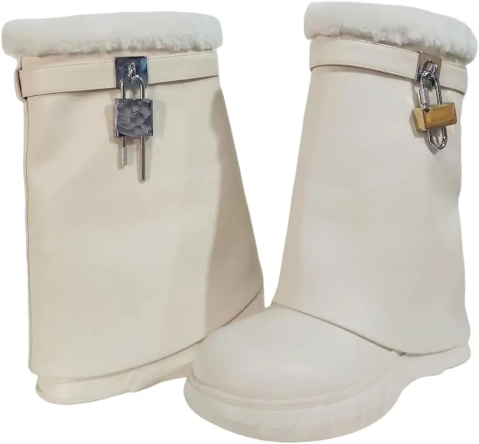 Frankie Hsu Ladies Girl Wedge High Heeled Shark Bootie, Beige Metallic Lock Key Designer Furry Fur Style, Big Large Size US5-14 Unisex Short Pant Snow Boots For Women Men