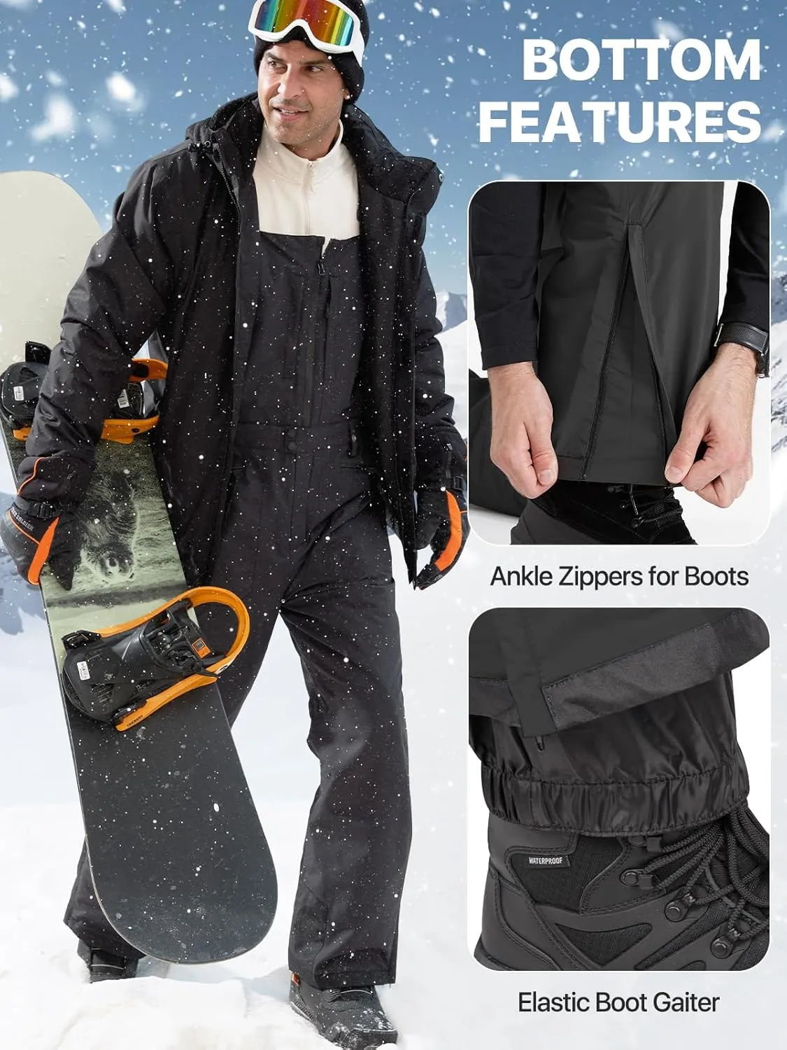 FREE SOLDIER Men's Insulated Waterproof Snow Bibs Ski Overalls