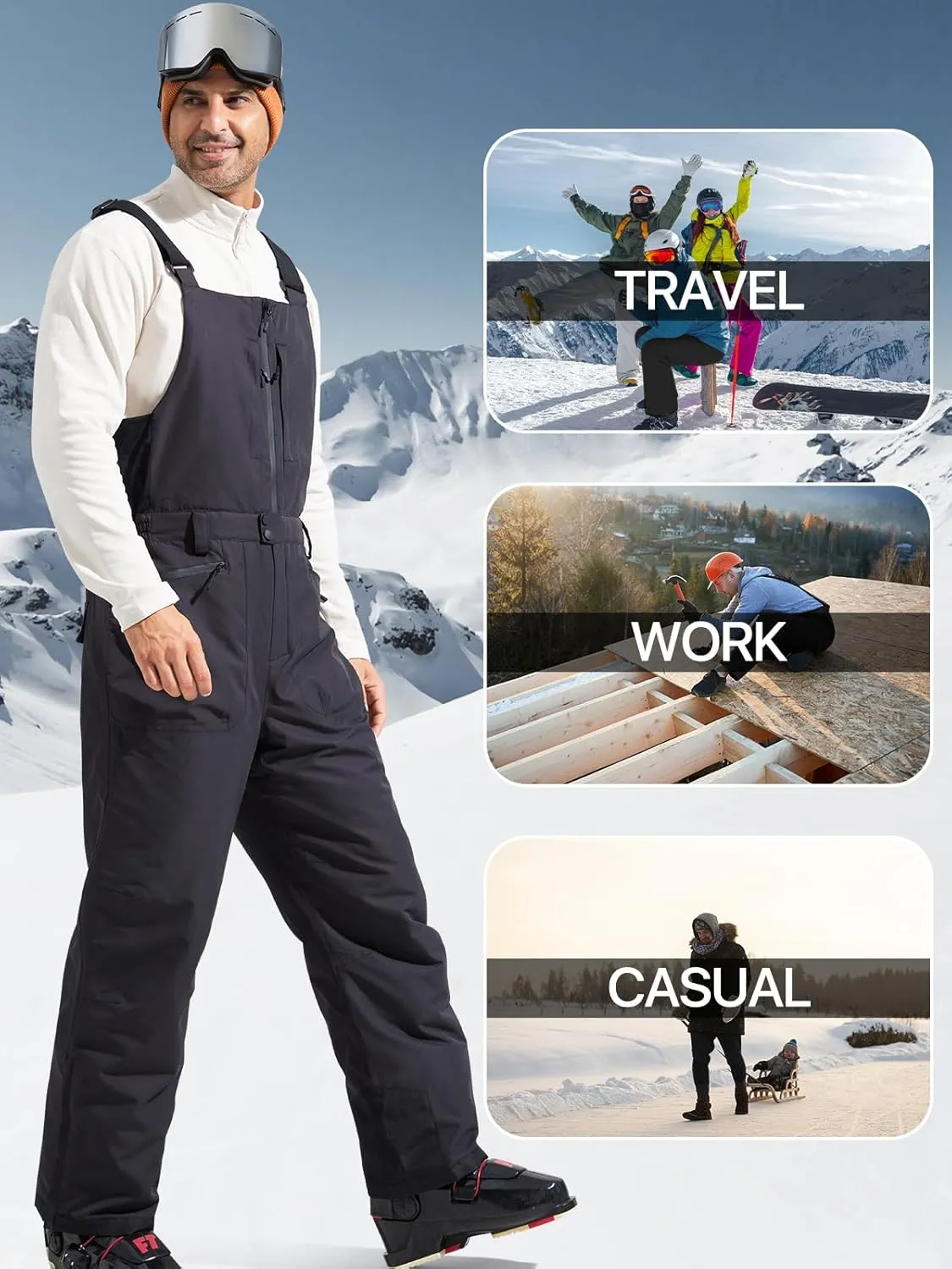 FREE SOLDIER Men's Insulated Waterproof Snow Bibs Ski Overalls