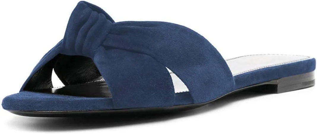 FSJ Women Leisure Faux Suede Bowtie Slides Sandal Open Toe Flat Slippers Vacation Lounge Shopping Shoes