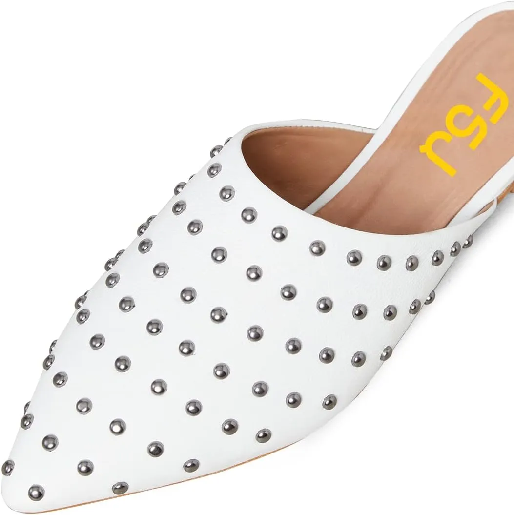 FSJ Women Pointed Toe Flats Mules Sandals Studded Backless Slip On Romantic Comfortable Slippers Casual Travel Date Party Slides Loafer Shoes Size 4-15 US