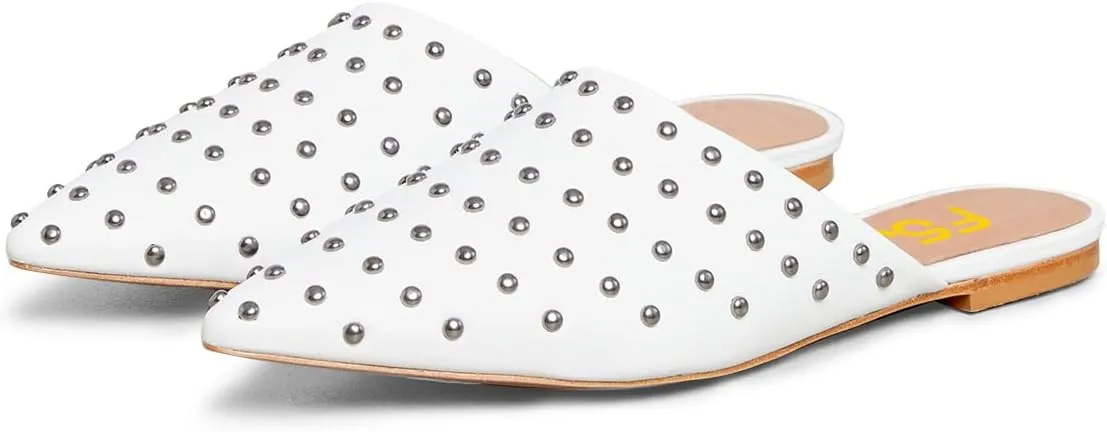 FSJ Women Pointed Toe Flats Mules Sandals Studded Backless Slip On Romantic Comfortable Slippers Casual Travel Date Party Slides Loafer Shoes Size 4-15 US