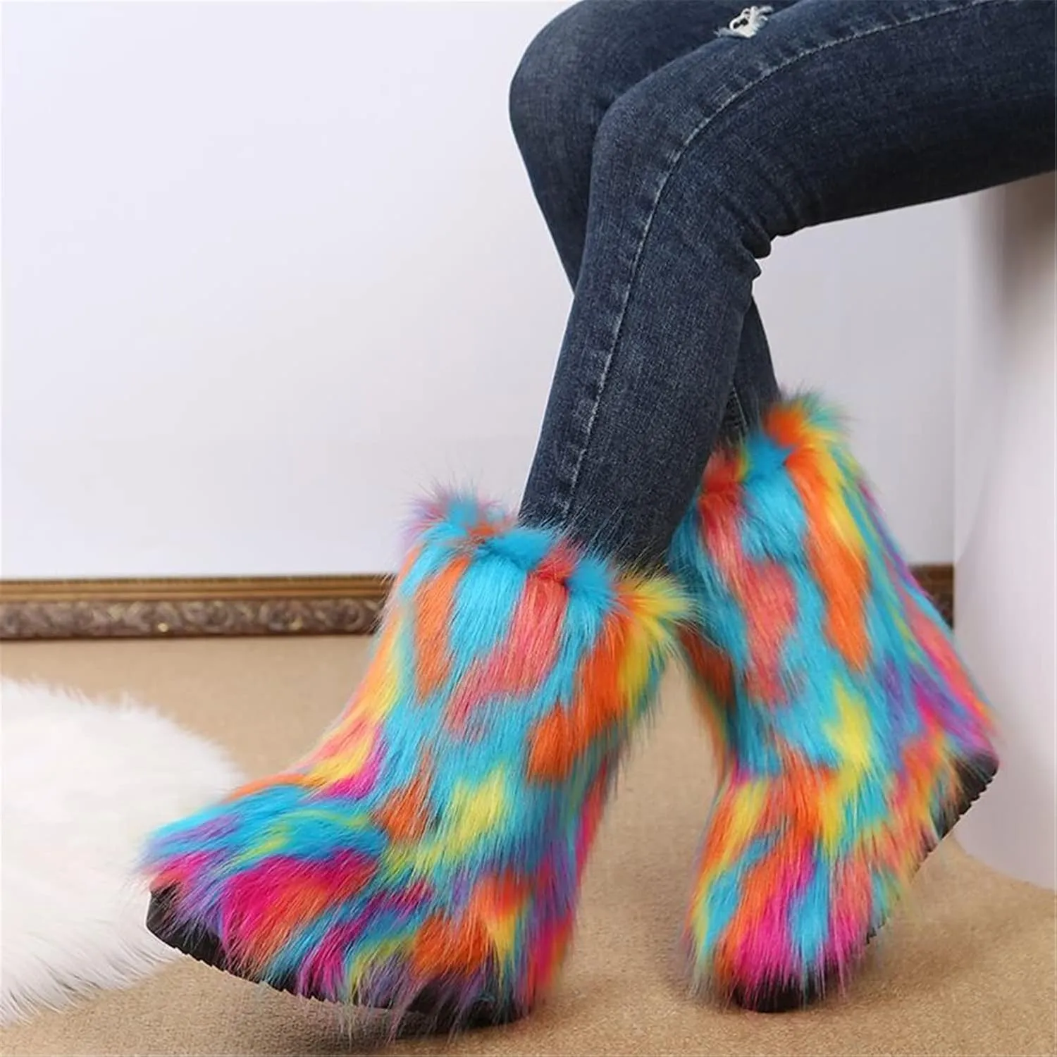 FUNCOS Women's Faux Fur Boots Mid-Calf Fuzzy Fluffy Winter Boots Rave Carnival Costume