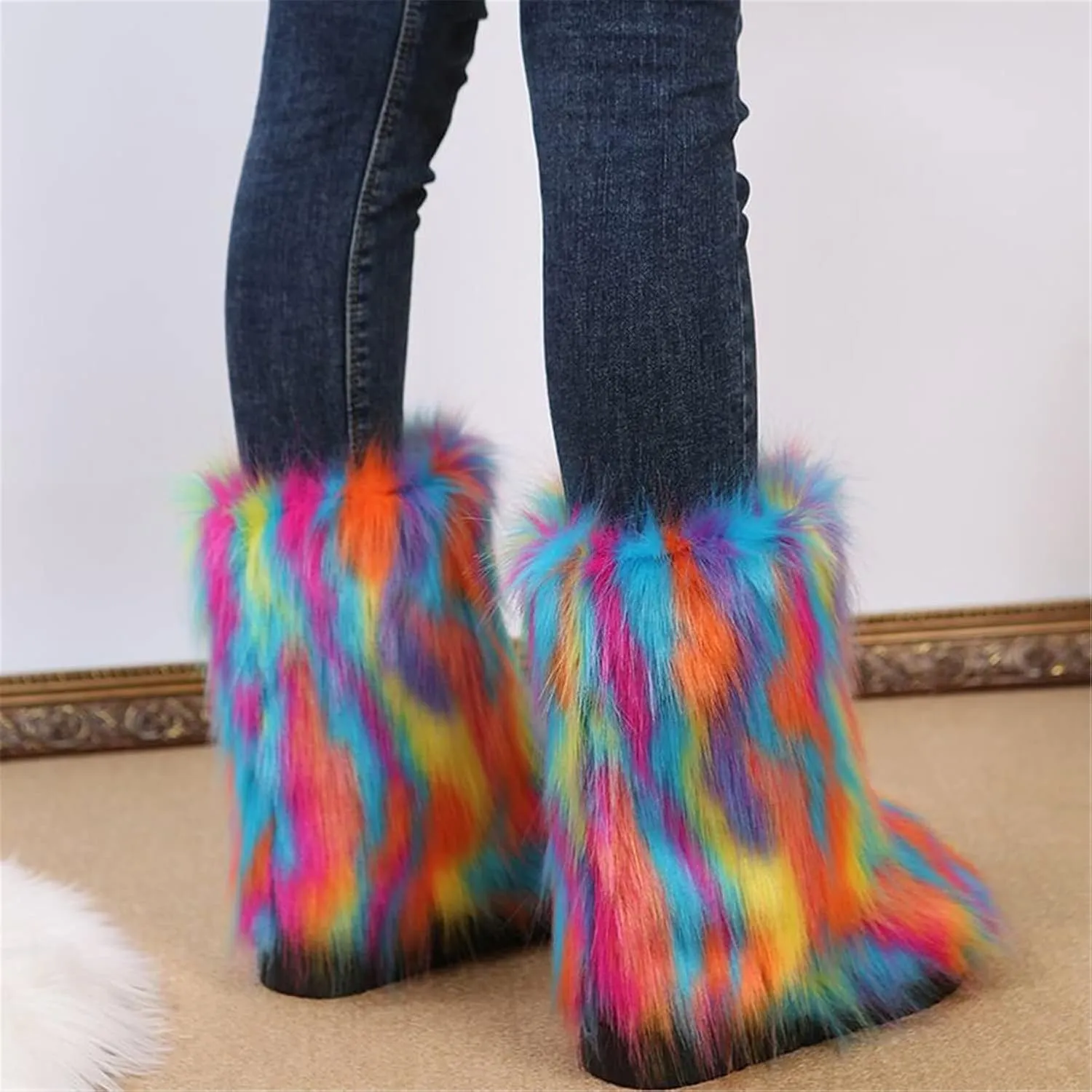 FUNCOS Women's Faux Fur Boots Mid-Calf Fuzzy Fluffy Winter Boots Rave Carnival Costume
