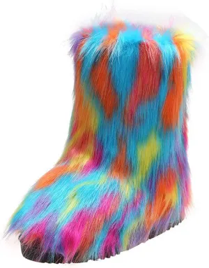 FUNCOS Women's Faux Fur Boots Mid-Calf Fuzzy Fluffy Winter Boots Rave Carnival Costume