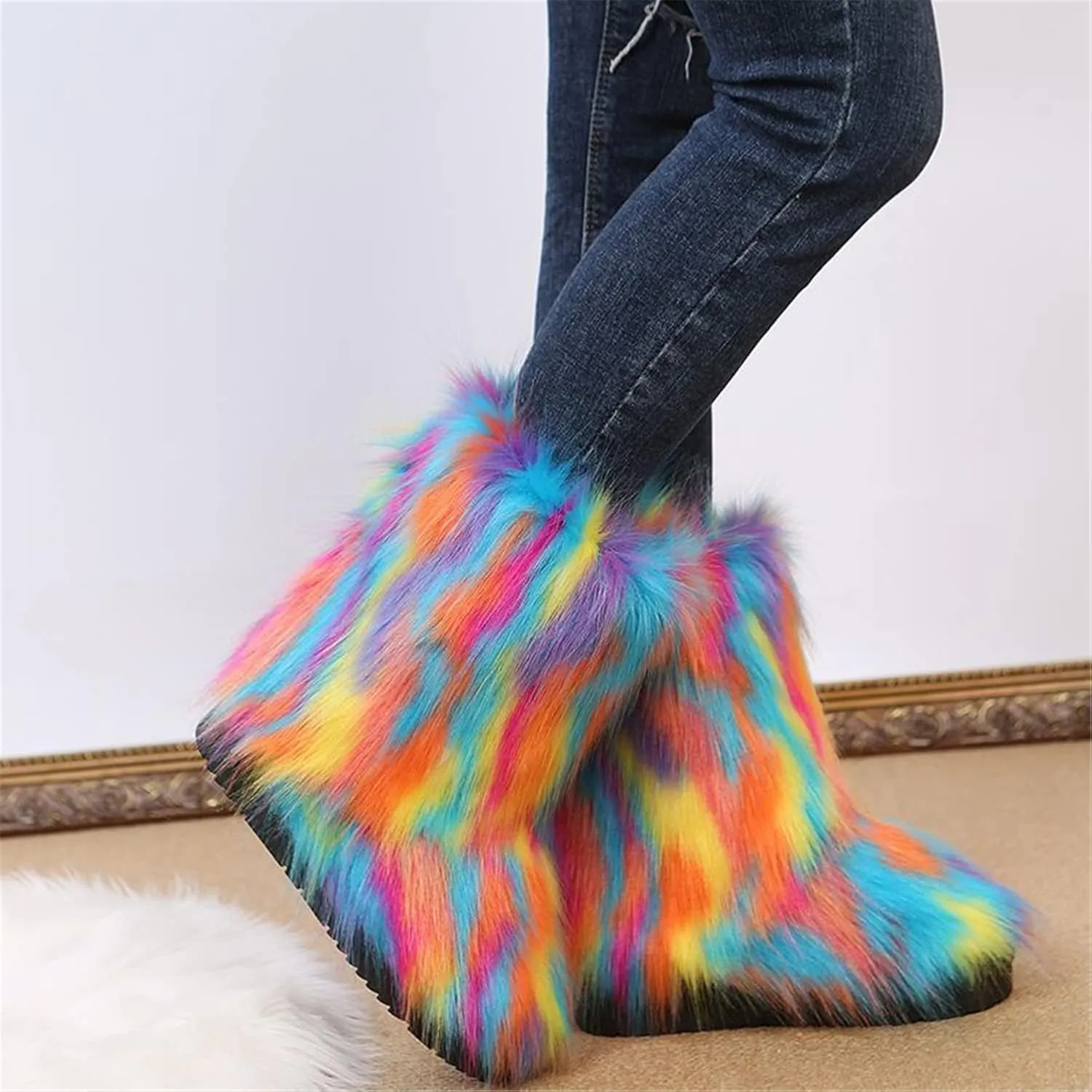 FUNCOS Women's Faux Fur Boots Mid-Calf Fuzzy Fluffy Winter Boots Rave Carnival Costume