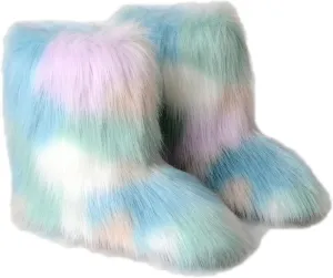 FUNCOS Women's Faux Fur Boots Mid-Calf Winter Furry Fuzzy Rave Boots Cosplay Costume