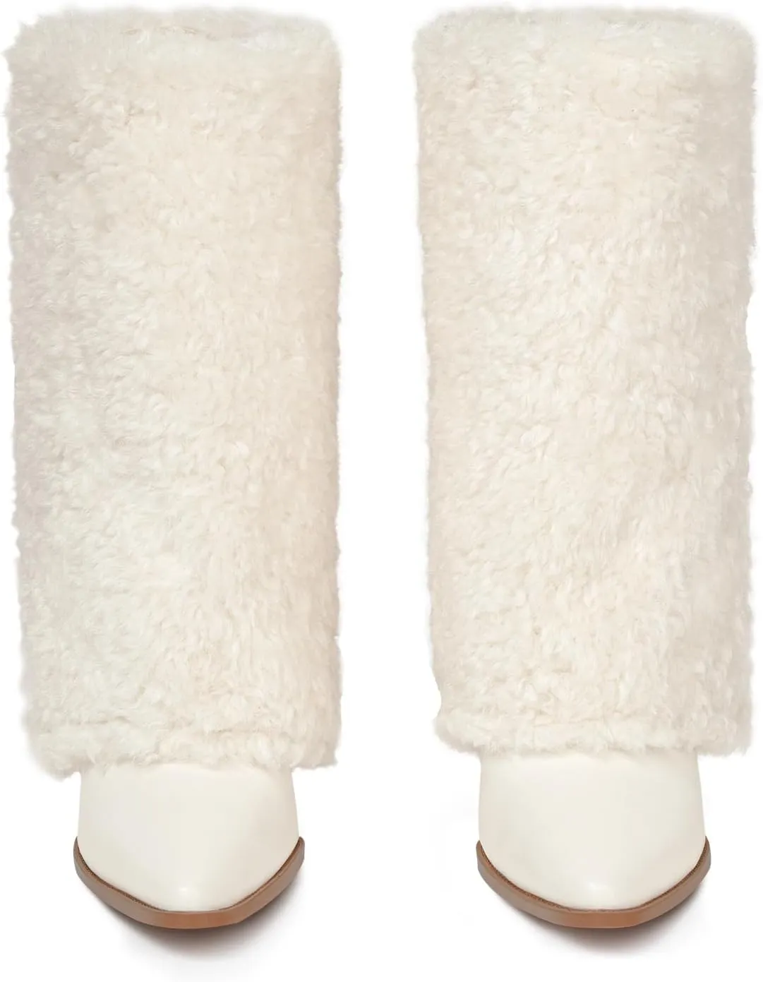 Furry Boots for Women Cowboy Fold Over Fuzzy Boot Fur Cowgirl Mid Calf Winter Comfortable Boots Pointed Toe Chunky Heel Snow Boots