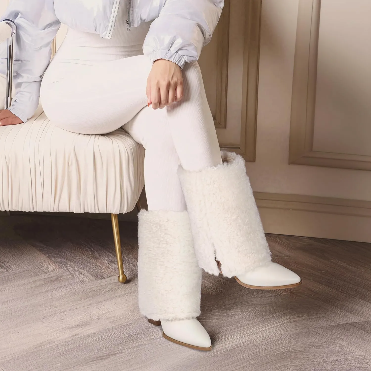 Furry Boots for Women Cowboy Fold Over Fuzzy Boot Fur Cowgirl Mid Calf Winter Comfortable Boots Pointed Toe Chunky Heel Snow Boots