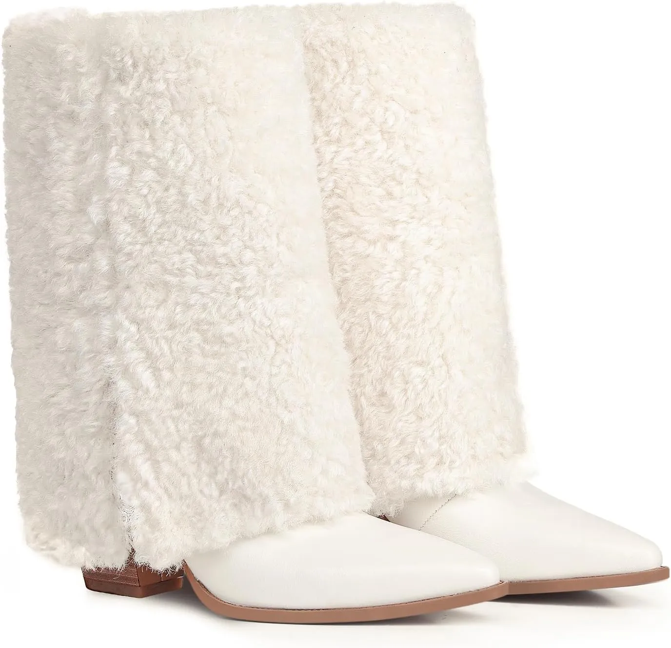 Furry Boots for Women Cowboy Fold Over Fuzzy Boot Fur Cowgirl Mid Calf Winter Comfortable Boots Pointed Toe Chunky Heel Snow Boots
