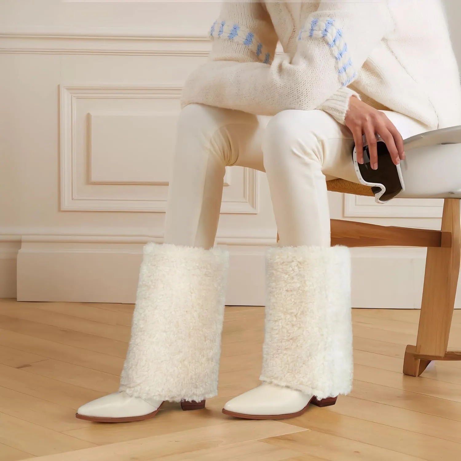 Furry Boots for Women Cowboy Fold Over Fuzzy Boot Fur Cowgirl Mid Calf Winter Comfortable Boots Pointed Toe Chunky Heel Snow Boots
