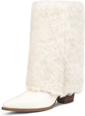 Furry Boots for Women Cowboy Fold Over Fuzzy Boot Fur Cowgirl Mid Calf Winter Comfortable Boots Pointed Toe Chunky Heel Snow Boots