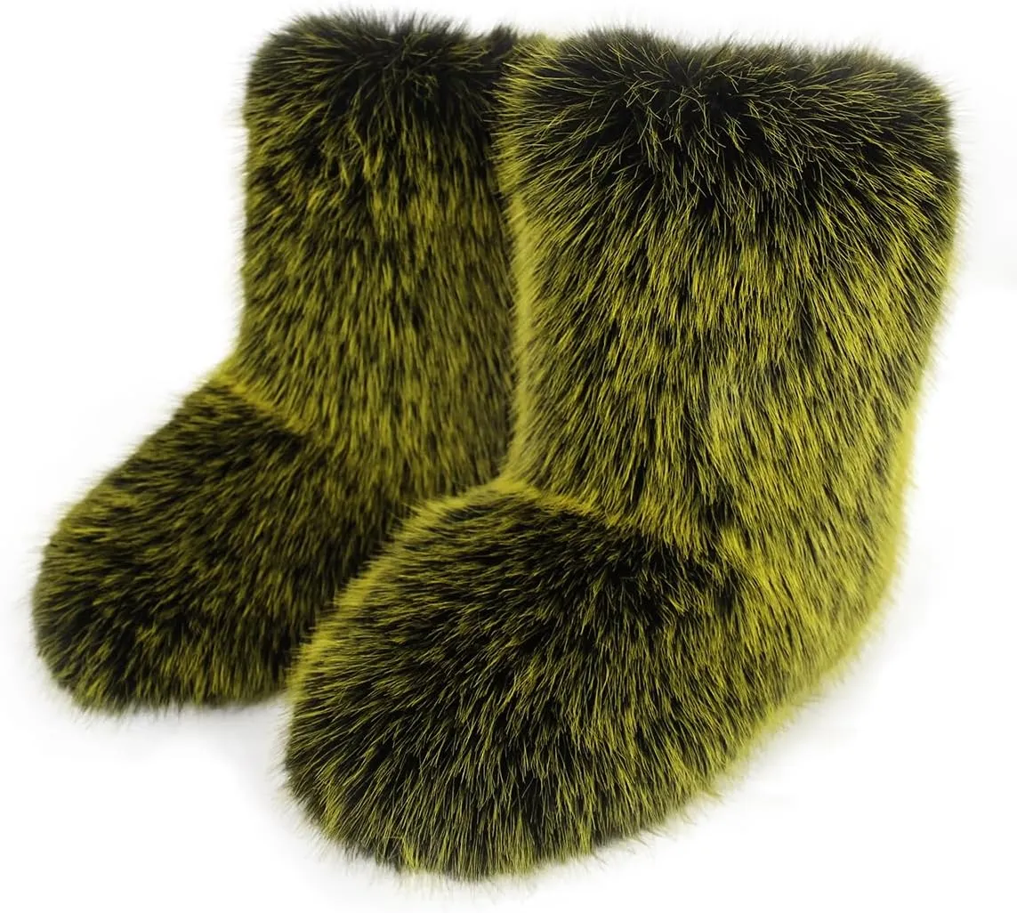 Furry Faux Fur Boots Women's Winter Shoes Woman Fluffy Warm Snow Boots Mid-Calf Comfortable Outdoor Flat