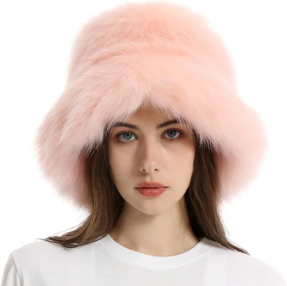 Fuzzy Bucket Hat Y2k Fashion Warm Winter Hat Fluffy Furry Plush Faux Fur Hats Fishing Hat Bucket Hats for Women 2024