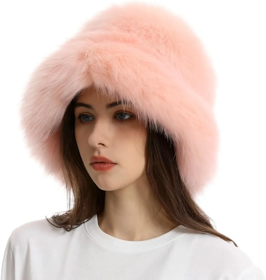 Fuzzy Bucket Hat Y2k Fashion Warm Winter Hat Fluffy Furry Plush Faux Fur Hats Fishing Hat Bucket Hats for Women 2024