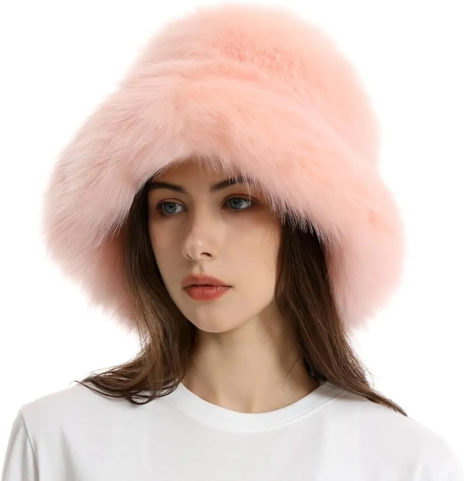 Fuzzy Bucket Hat Y2k Fashion Warm Winter Hat Fluffy Furry Plush Faux Fur Hats Fishing Hat Bucket Hats for Women 2024