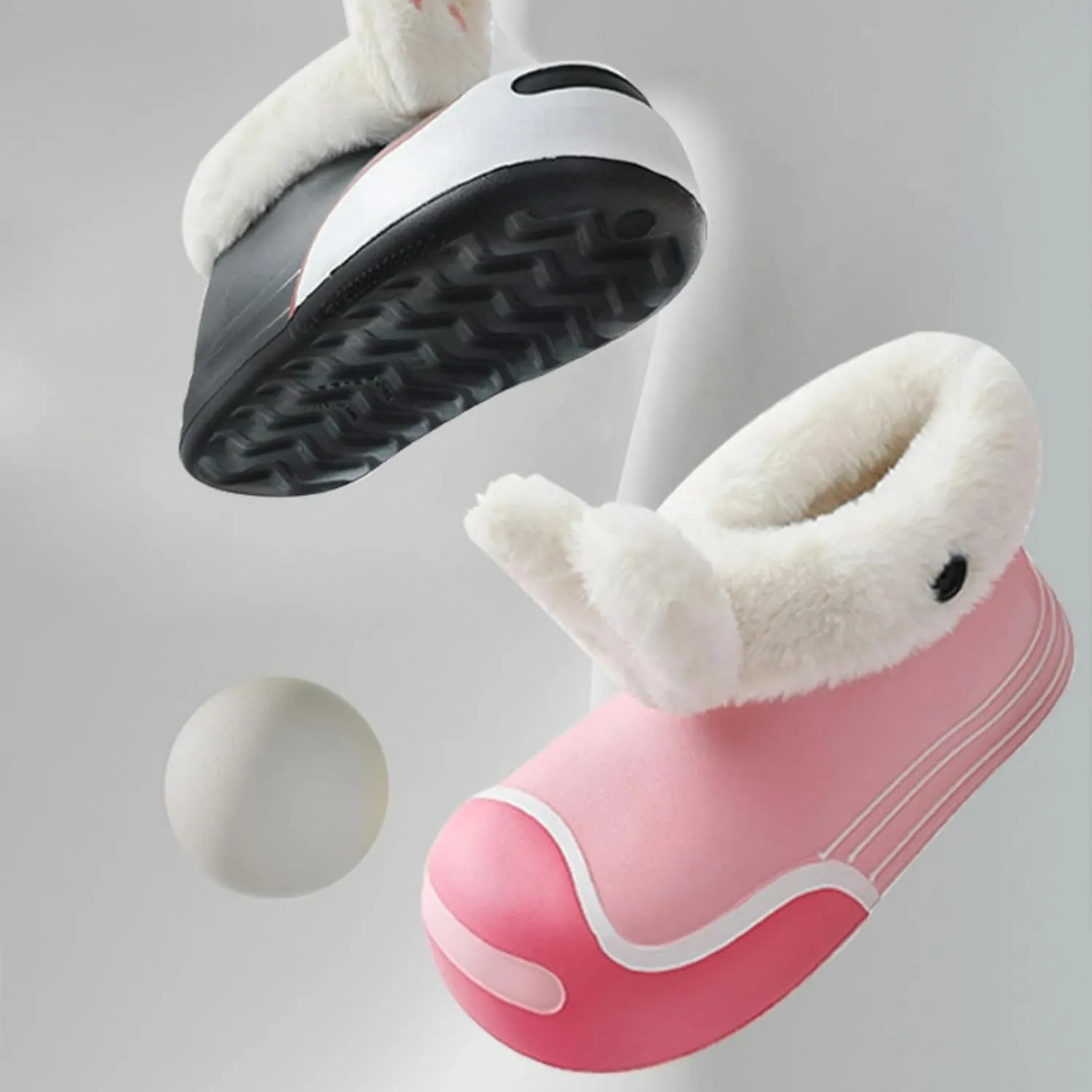Fuzzy Parent-Child Slippers Furry Ankle Boots Cute Rabbit Ears Decor Soft Cozy Warm Waterproof EVA Sole Outdoor Fluffy Slippers Gift for Christmas