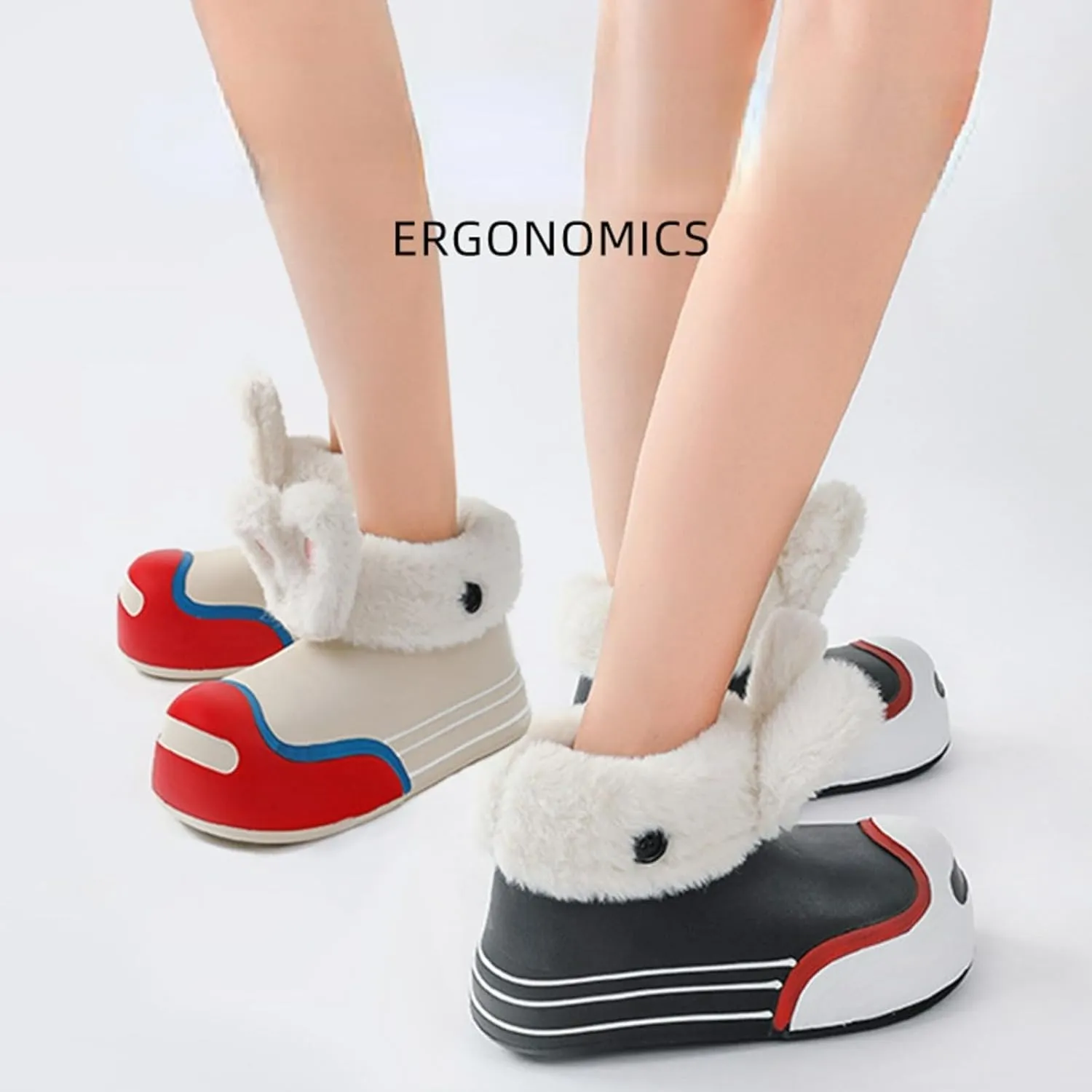 Fuzzy Parent-Child Slippers Furry Ankle Boots Cute Rabbit Ears Decor Soft Cozy Warm Waterproof EVA Sole Outdoor Fluffy Slippers Gift for Christmas