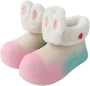 Fuzzy Parent-Child Slippers Furry Ankle Boots Cute Rabbit Ears Decor Soft Cozy Warm Waterproof EVA Sole Outdoor Fluffy Slippers Gift for Christmas