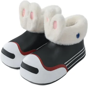 Fuzzy Parent-Child Slippers Furry Ankle Boots Cute Rabbit Ears Decor Soft Cozy Warm Waterproof EVA Sole Outdoor Fluffy Slippers Gift for Christmas