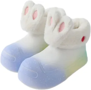 Fuzzy Parent-Child Slippers Furry Ankle Boots Cute Rabbit Ears Decor Soft Cozy Warm Waterproof EVA Sole Outdoor Fluffy Slippers Gift for Christmas