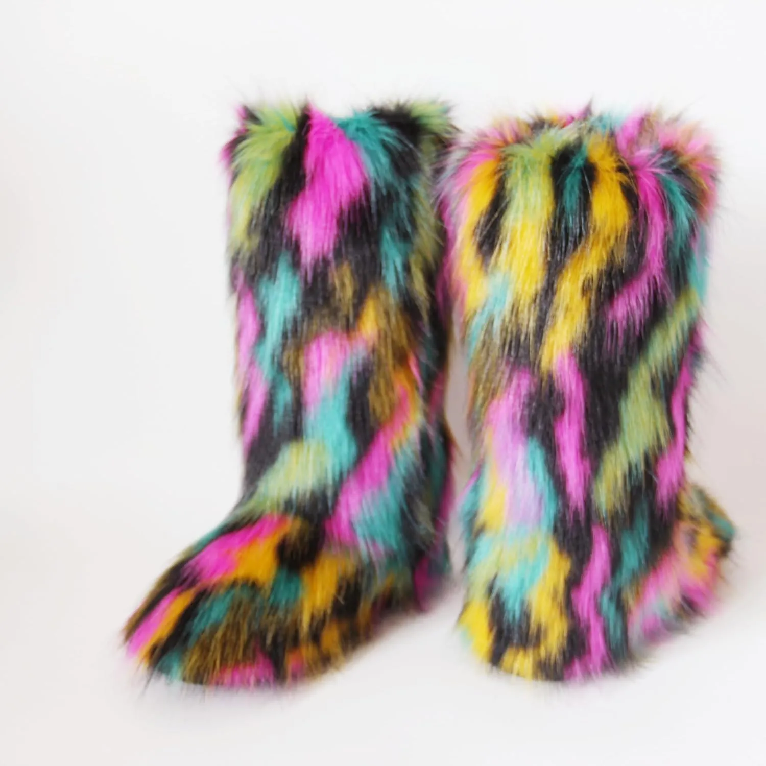 Gegefur Women's Furry Fluffy Boot Faux Fur Long Snow Boot Knee High Boots Warm Comfortable Outdoor Flat Shoes