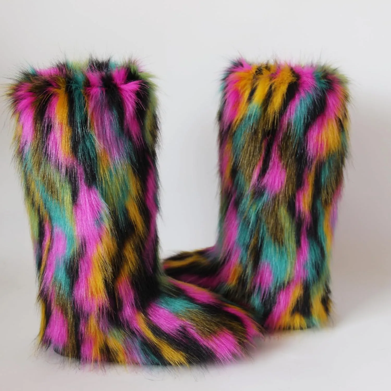 Gegefur Women's Furry Fluffy Boot Faux Fur Long Snow Boot Knee High Boots Warm Comfortable Outdoor Flat Shoes