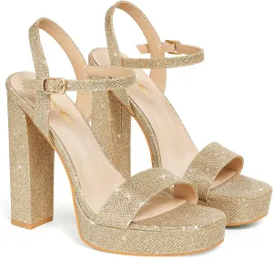 GENSHUO Platform 5 inch High Heels for Women Block Chunky High Heeled Sandals Square Open Toe Ankle Strap Glitter Sexy Shoes for Wedding Party Prom Dance