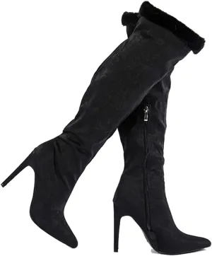 getmorebeauty Women's Knee High Boots Stiletto Heel Suede Upper Furry Sleeve Side Zipper Wide Calf Thigh High Boots for Winter