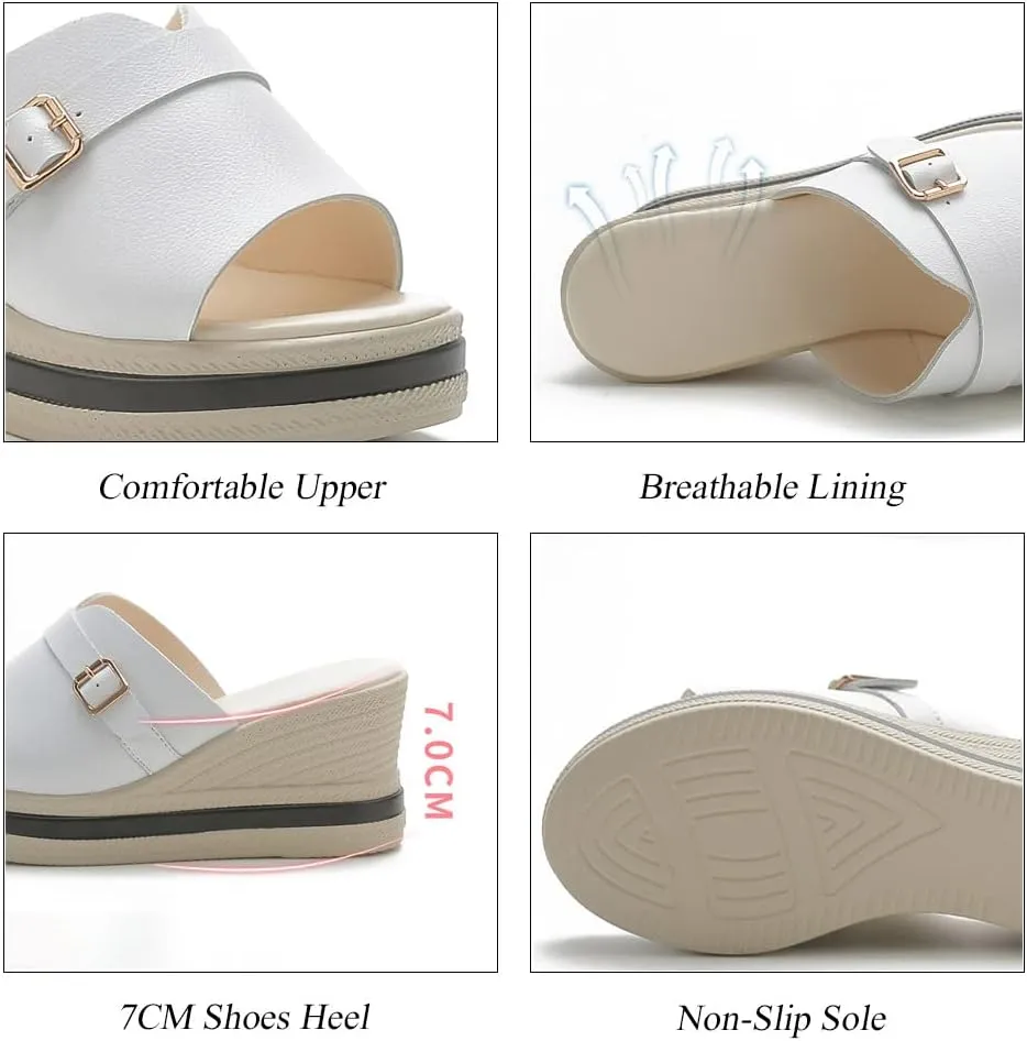 GEXECEUSS Womens Wedge Sandals Slope Heel Thick Bottom Slip On Slippers Non Slip Vintage Open Toe Sandals for Street Work School Beach